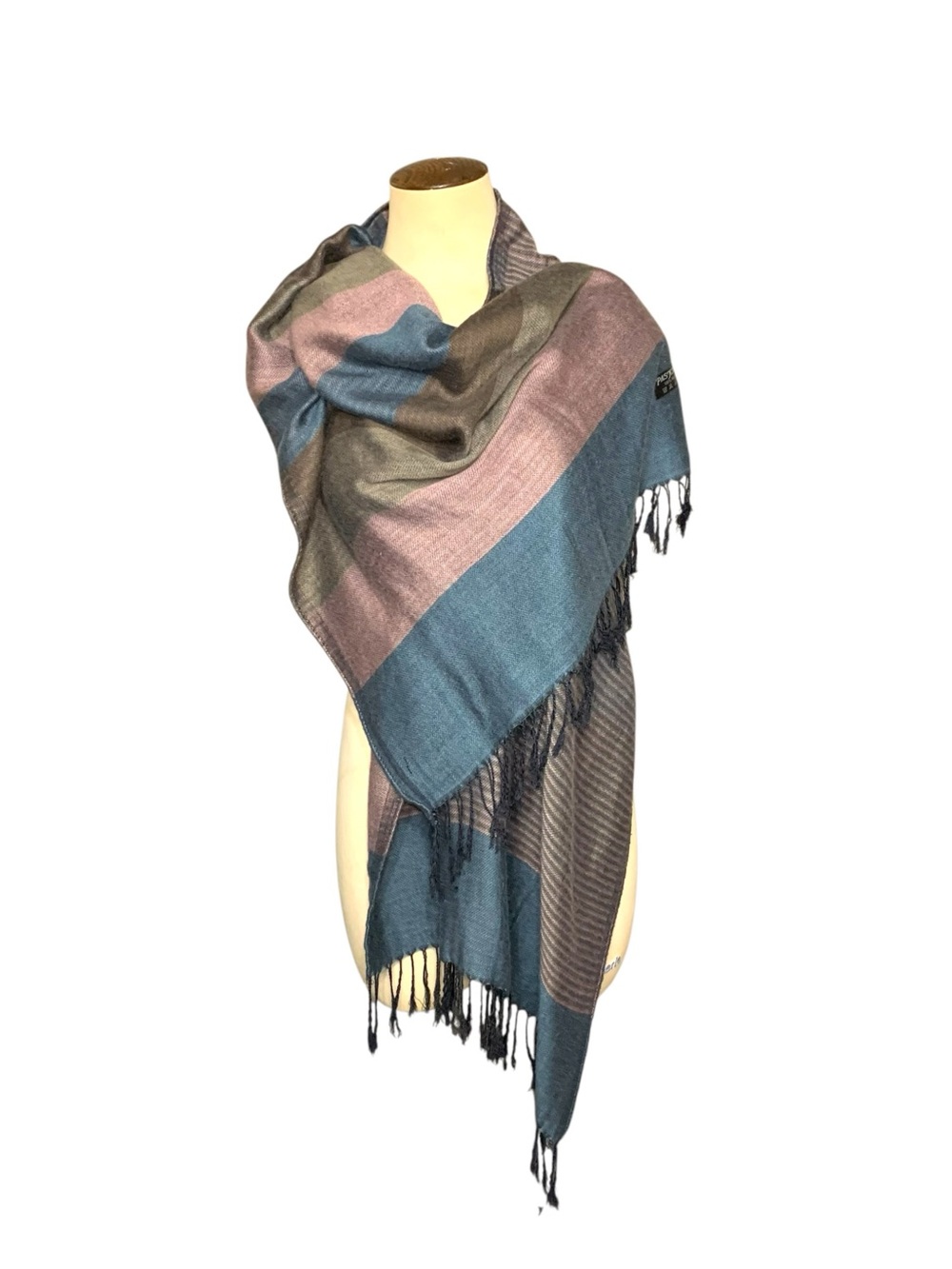 Pashmina Striped Scarf Wrap Blue Brown Pink Rectangle Fringes Reversibl 21X64